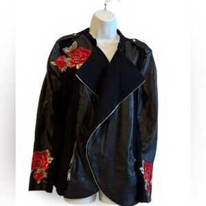 INC International Concepts Black Leather Jacket with Red Rose Embroidery